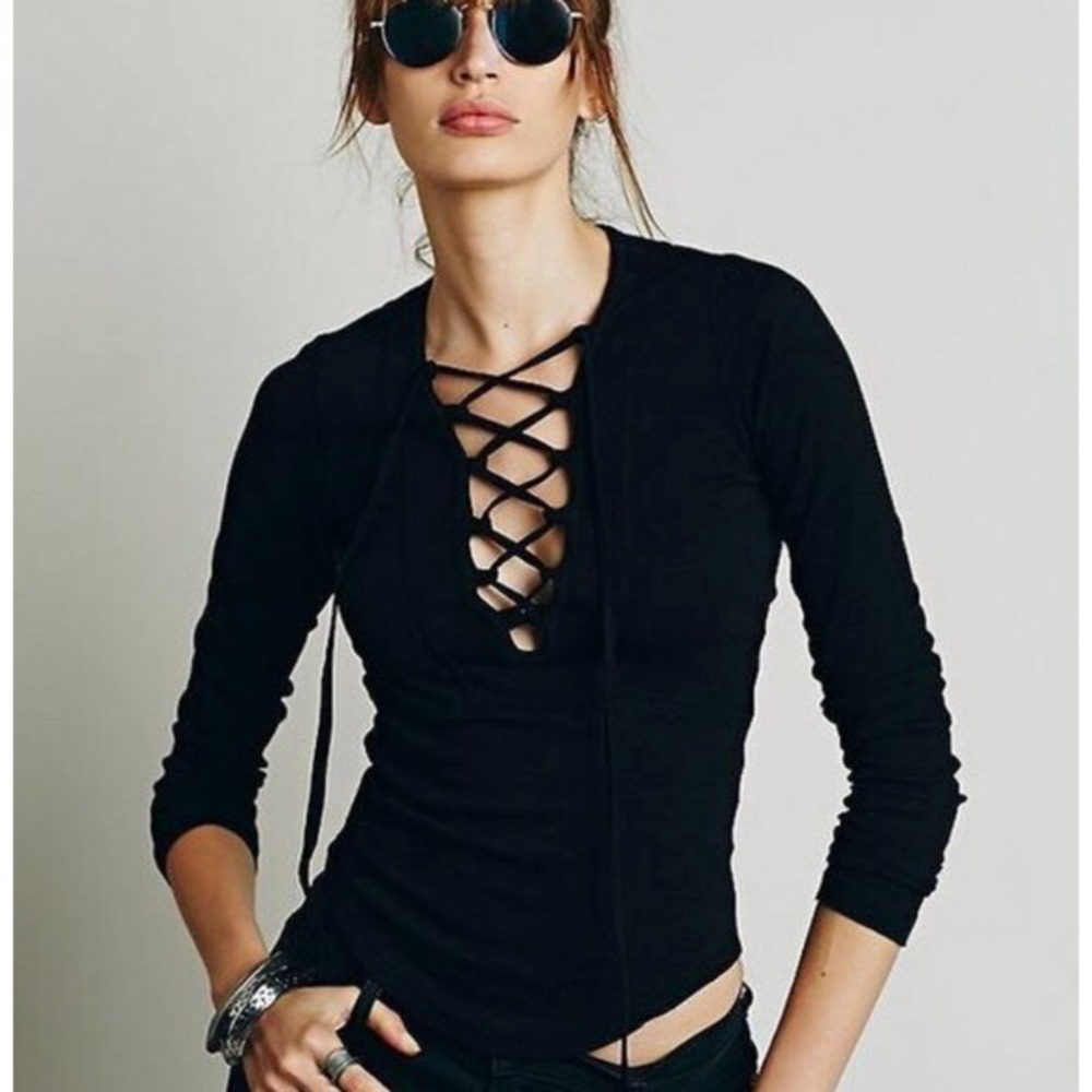 Free People long sleeve lace up top black L